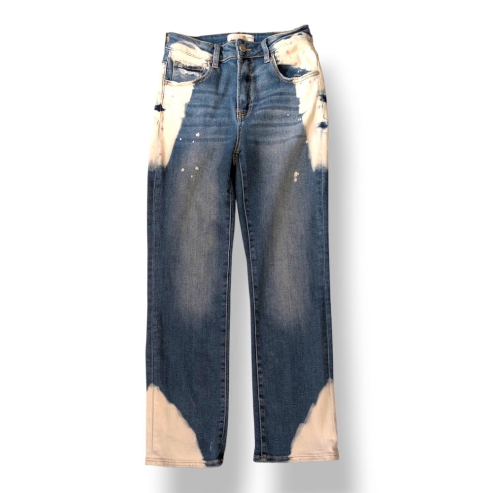 Risen Two Tone Bleach Denim Jeans Size 27 Straight Leg High Rise Contrast Wash